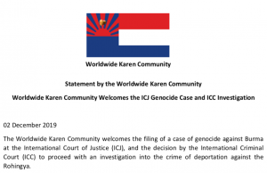 ICJ အမူနှင့် ICC စုံစမ်းဖော်ထုတ်မှု ကိစ္စရပ်အပေါ် ကရင်အဖွဲ့အစည်း ၄ဝ ကျော်က ထောက်ခံ ကြိုဆို